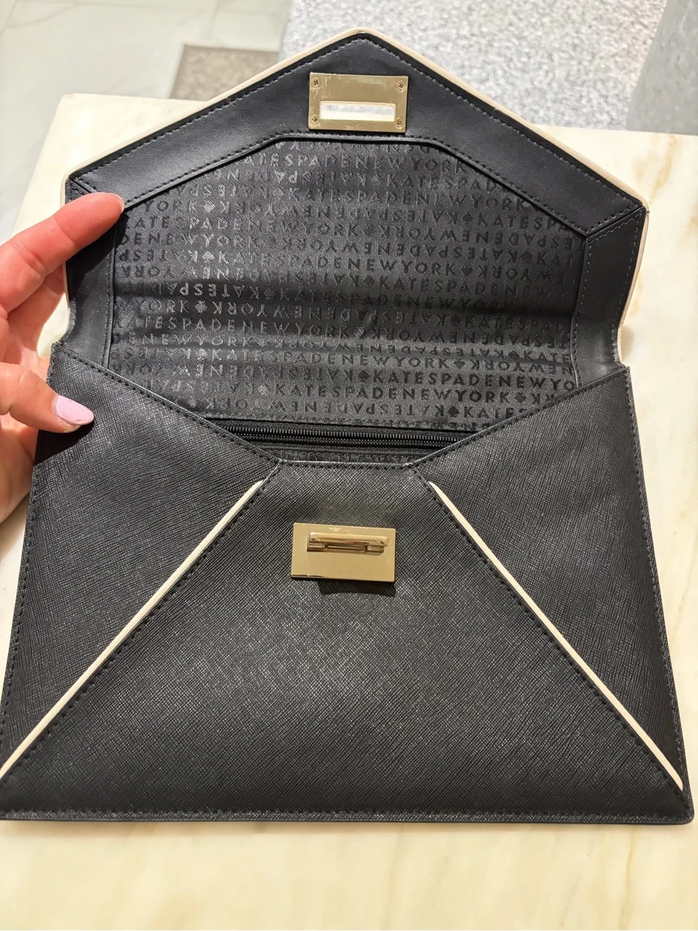 kate spade Black Envelope Clutch with Cream Trim and Gold Plaque